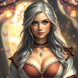 A beautiful, busty, shy, and cute Ukrainian Sun cleric healer with long ash grey hair, bright topaz blue eyes, and a round, kind, caring face