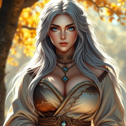 A beautiful, busty, shy, and cute Ukrainian Sun cleric healer with long ash grey hair, bright topaz blue eyes, and a round, kind, caring face