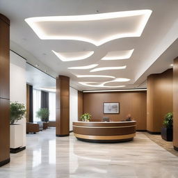 A grand office reception area equipped with modern ceiling lighting, high-tech elements and a contemporary design aesthetic.