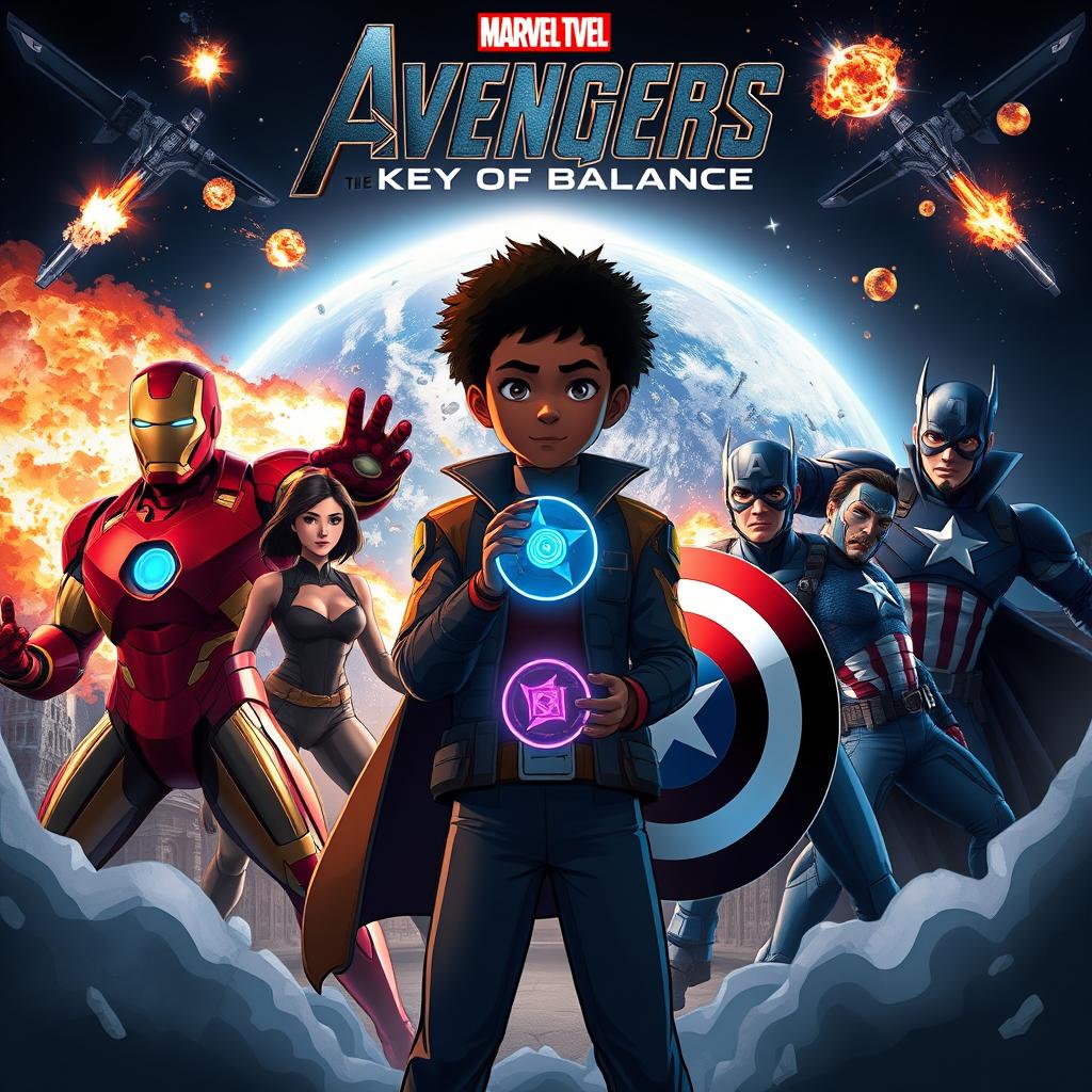 A cinematic poster in hybrid animation style (2D and 3D, Japanimation) showcasing Jovan, an 18-year-old with black skin and afro hair, at the center holding the Aeterion