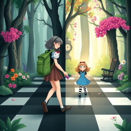 In the midst of an enchanted forest, one side presents a dark, sad, and gloomy woodland, while the other side bursts with vibrant colors, blooming flowers, and a joyful atmosphere