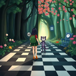In the midst of an enchanted forest, one side presents a dark, sad, and gloomy woodland, while the other side bursts with vibrant colors, blooming flowers, and a joyful atmosphere