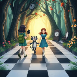In the midst of an enchanted forest, one side presents a dark, sad, and gloomy woodland, while the other side bursts with vibrant colors, blooming flowers, and a joyful atmosphere
