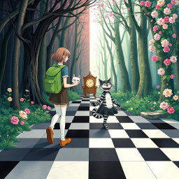 In the midst of an enchanted forest, one side presents a dark, sad, and gloomy woodland, while the other side bursts with vibrant colors, blooming flowers, and a joyful atmosphere