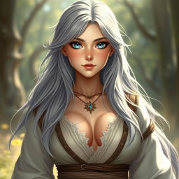 A beautiful, busty, innocent, and shy Ukrainian Sun cleric healer character
