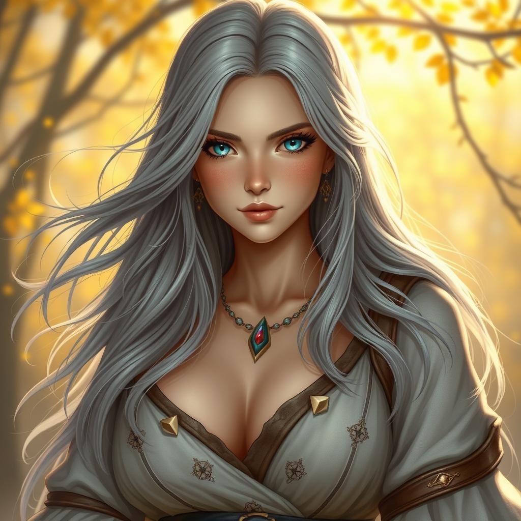 A beautiful, busty, innocent, and shy Ukrainian Sun cleric healer character