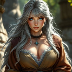 A beautiful, busty, innocent, and shy Ukrainian Sun cleric healer character