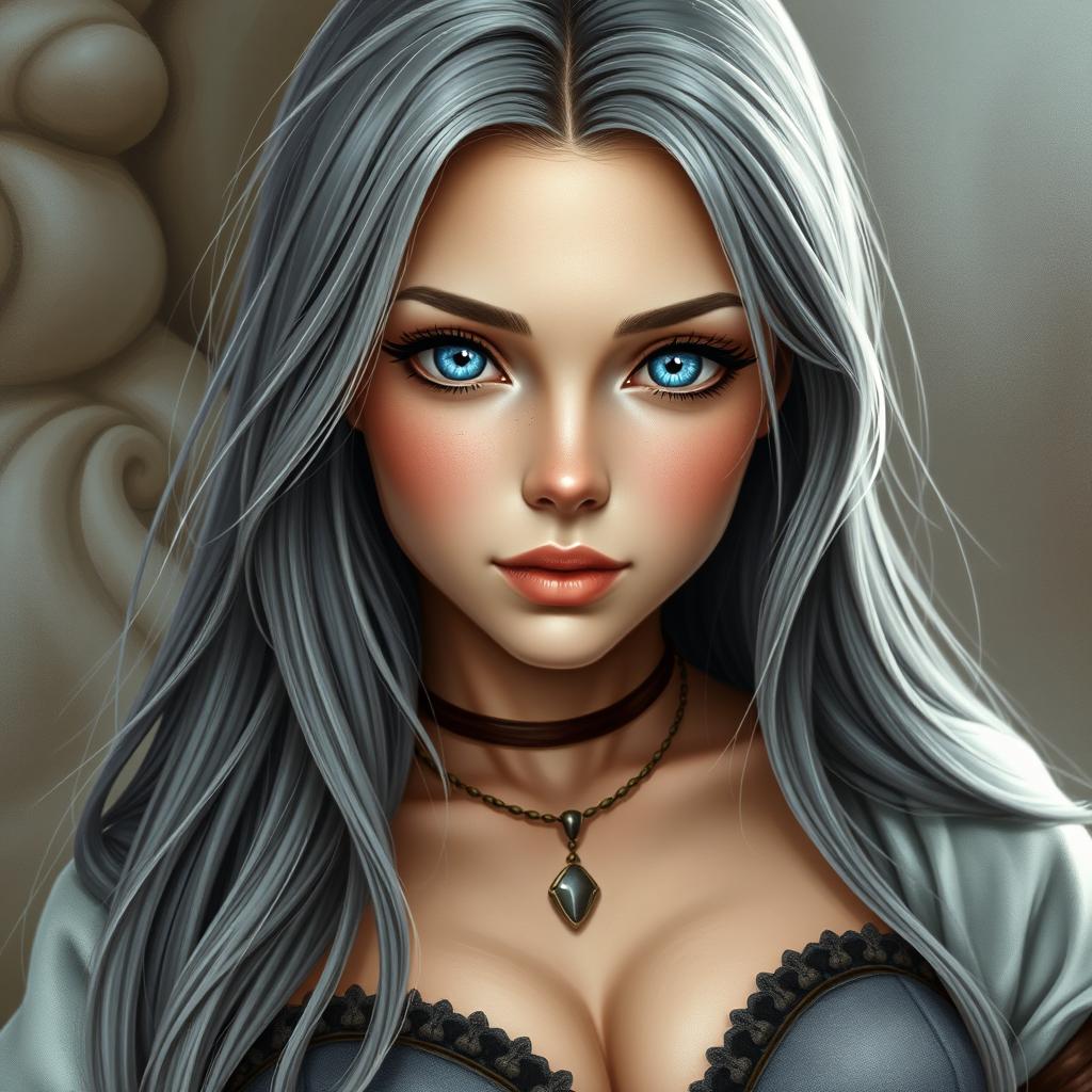 A beautiful, busty, shy, and cute Ukrainian cleric healer girl with long ash grey hair cascading down her shoulders