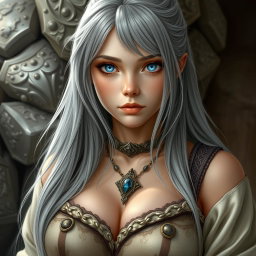 A beautiful, busty, shy, and cute Ukrainian cleric healer girl with long ash grey hair cascading down her shoulders