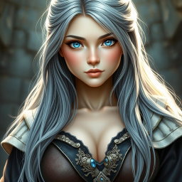 A beautiful, busty, shy, and cute Ukrainian cleric healer girl with long ash grey hair cascading down her shoulders