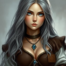 A beautiful, busty, shy, and cute Ukrainian cleric healer girl with long ash grey hair cascading down her shoulders