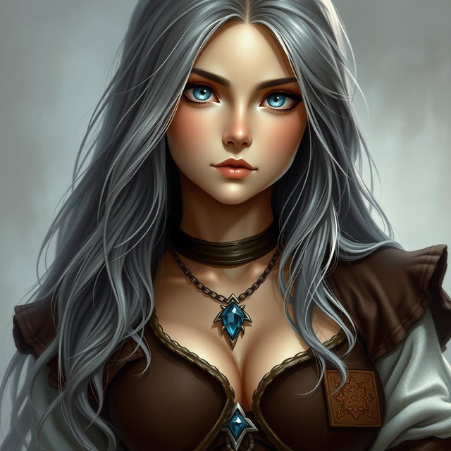 A beautiful, busty, shy, and cute Ukrainian cleric healer girl with long ash grey hair cascading down her shoulders