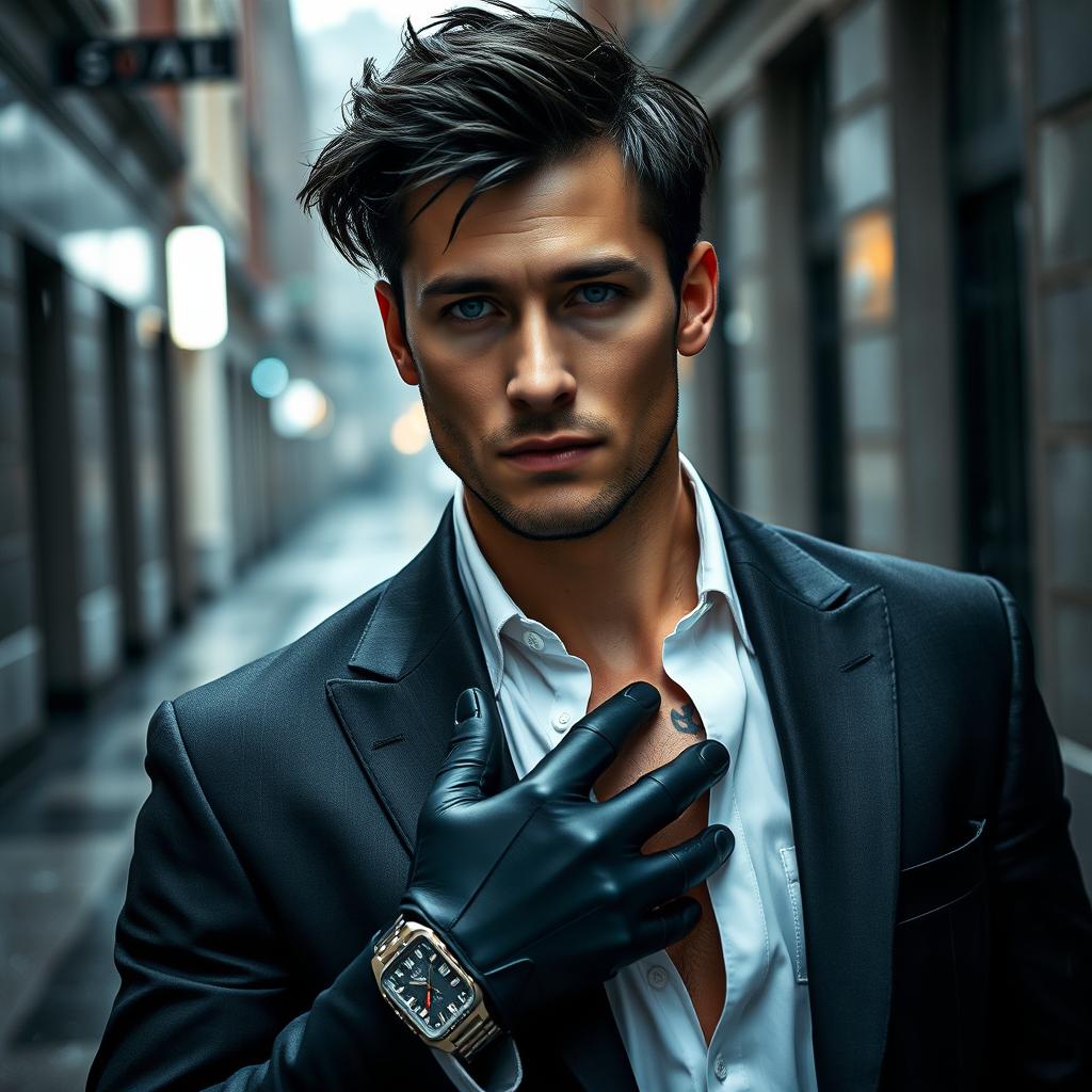 A sharp-jawed man in a tailored black suit stands confidently in a rain-soaked urban alley, emphasizing his striking silhouette