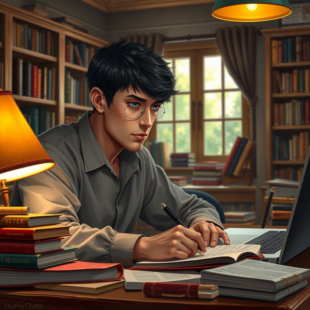 A realistic portrayal of a blue-eyed man with short black hair, intently sitting at a desk surrounded by books and study materials