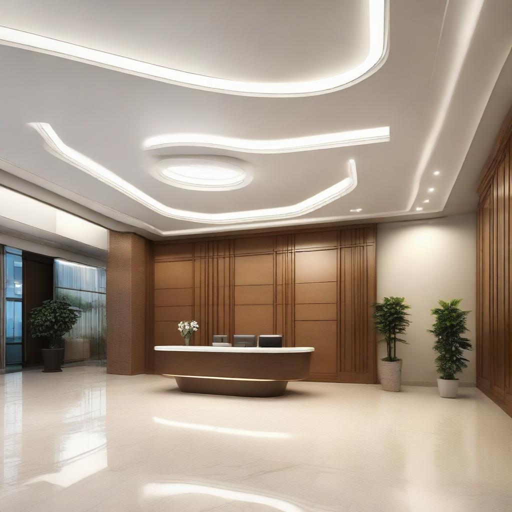 A grand office reception area equipped with modern ceiling lighting, high-tech elements and a contemporary design aesthetic.