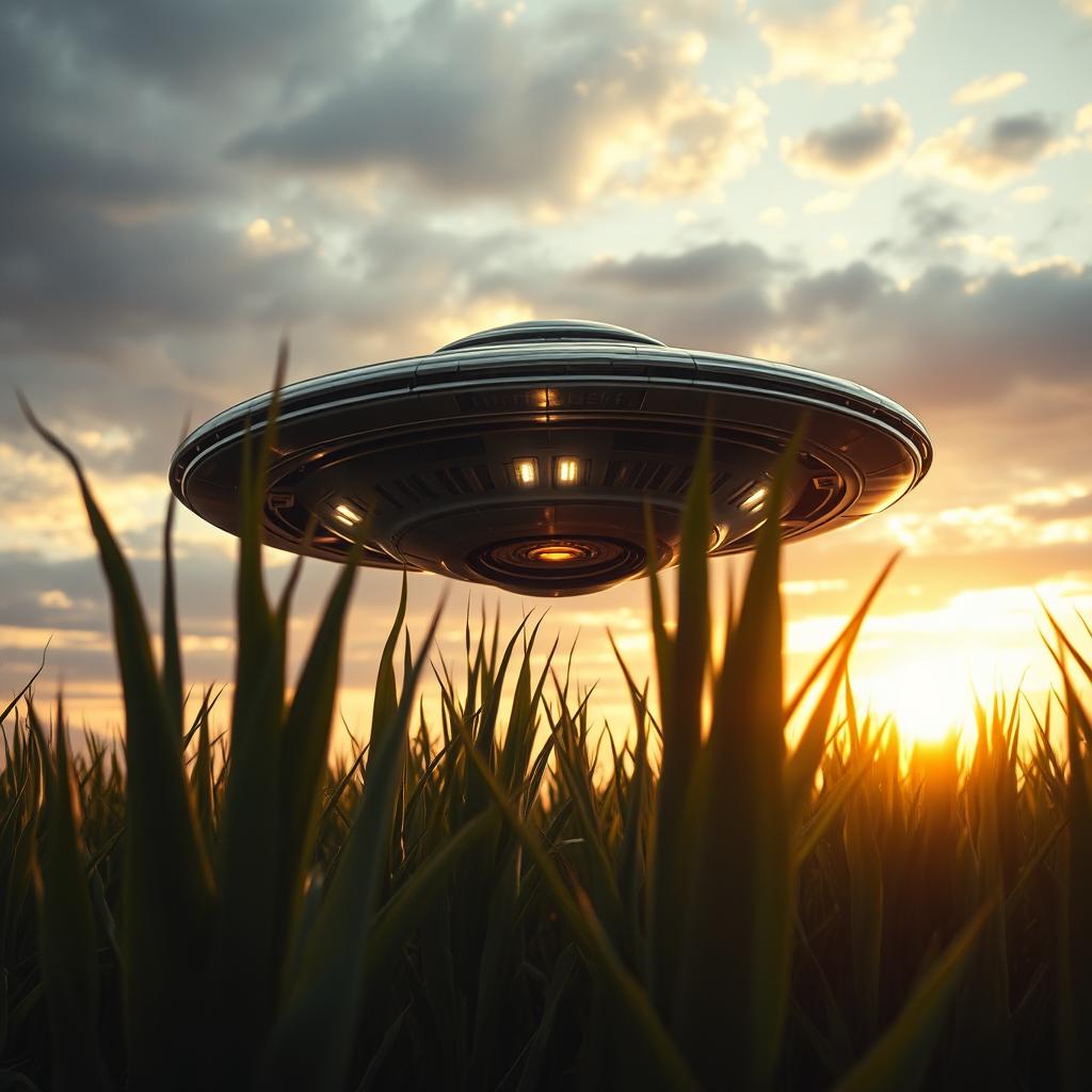 A raw photograph of a UFO hovering in a cornfield, capturing the unusual silvery craft against a backdrop of tall, green corn stalks under a dramatic sky