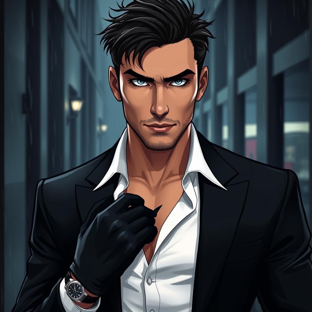 A sharp-jawed man in a tailored black suit, standing in a minimalist urban setting that reflects sophistication and depth