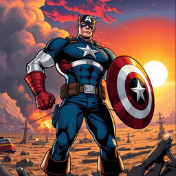 A dynamic, comic book-style illustration of Captain America standing heroically on a battlefield