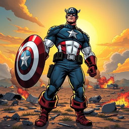 A dynamic, comic book-style illustration of Captain America standing heroically on a battlefield