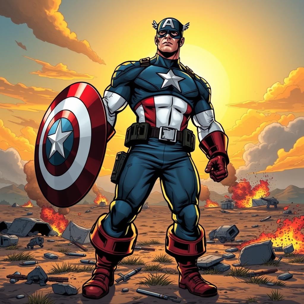 A dynamic, comic book-style illustration of Captain America standing heroically on a battlefield