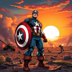 A dynamic, comic book-style illustration of Captain America standing heroically on a battlefield