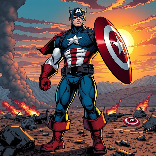 A dynamic, comic book-style illustration of Captain America standing heroically on a battlefield