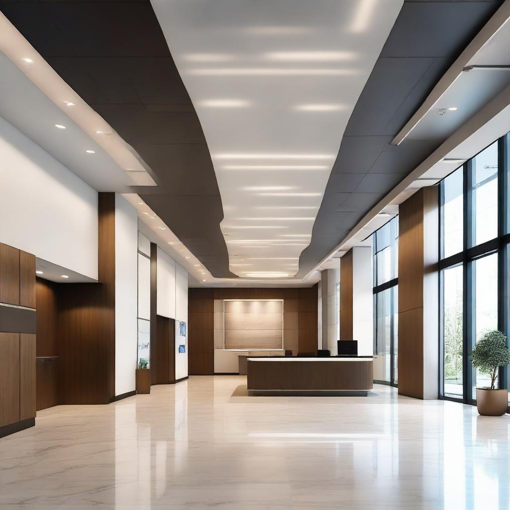 A grand office reception area equipped with modern ceiling lighting, high-tech elements and a contemporary design aesthetic.