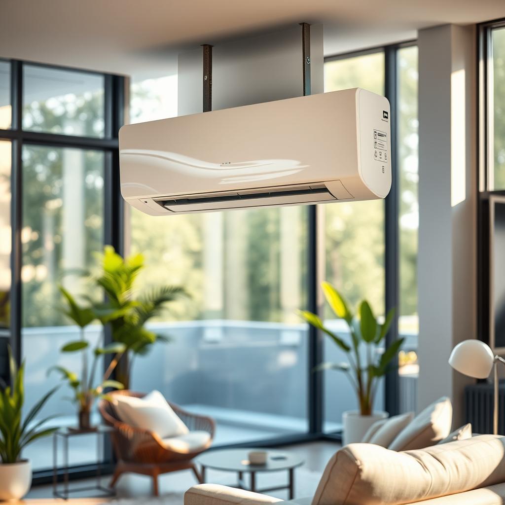 A stunning, high-definition photograph of an air conditioning unit installed in a modern residential setting