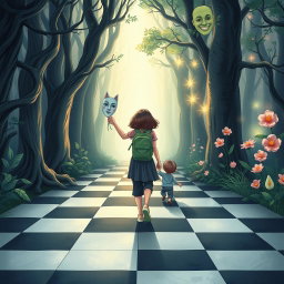 An illustrated book cover in a fantasy style featuring pastel tones, depicting an enchanted forest divided into two distinct halves