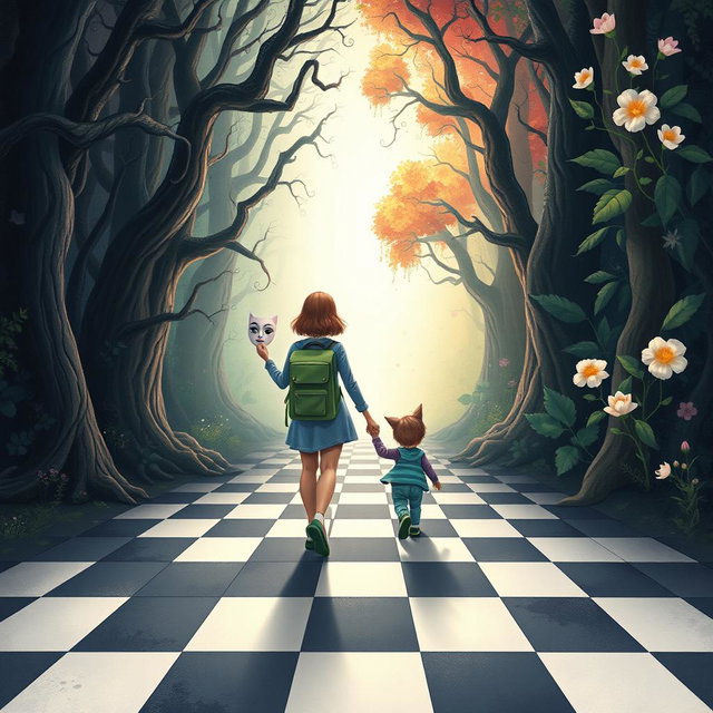 An illustrated book cover in a fantasy style featuring pastel tones, depicting an enchanted forest divided into two distinct halves