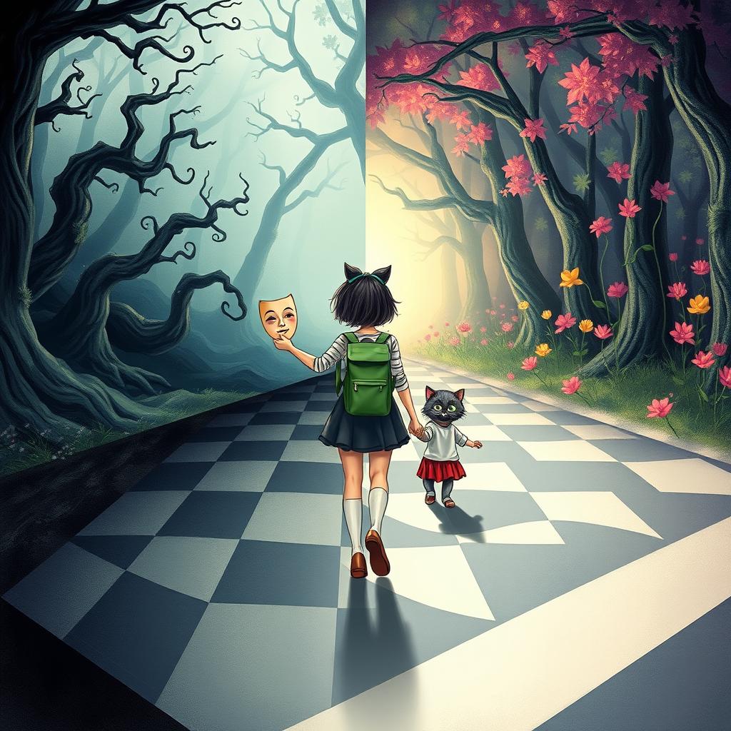 An illustrated book cover in a fantasy style featuring pastel tones, depicting an enchanted forest divided into two distinct halves