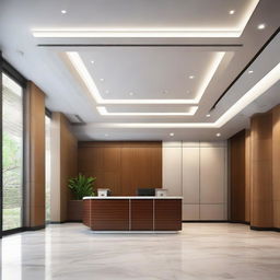 A grand office reception area equipped with modern ceiling lighting, high-tech elements and a contemporary design aesthetic.