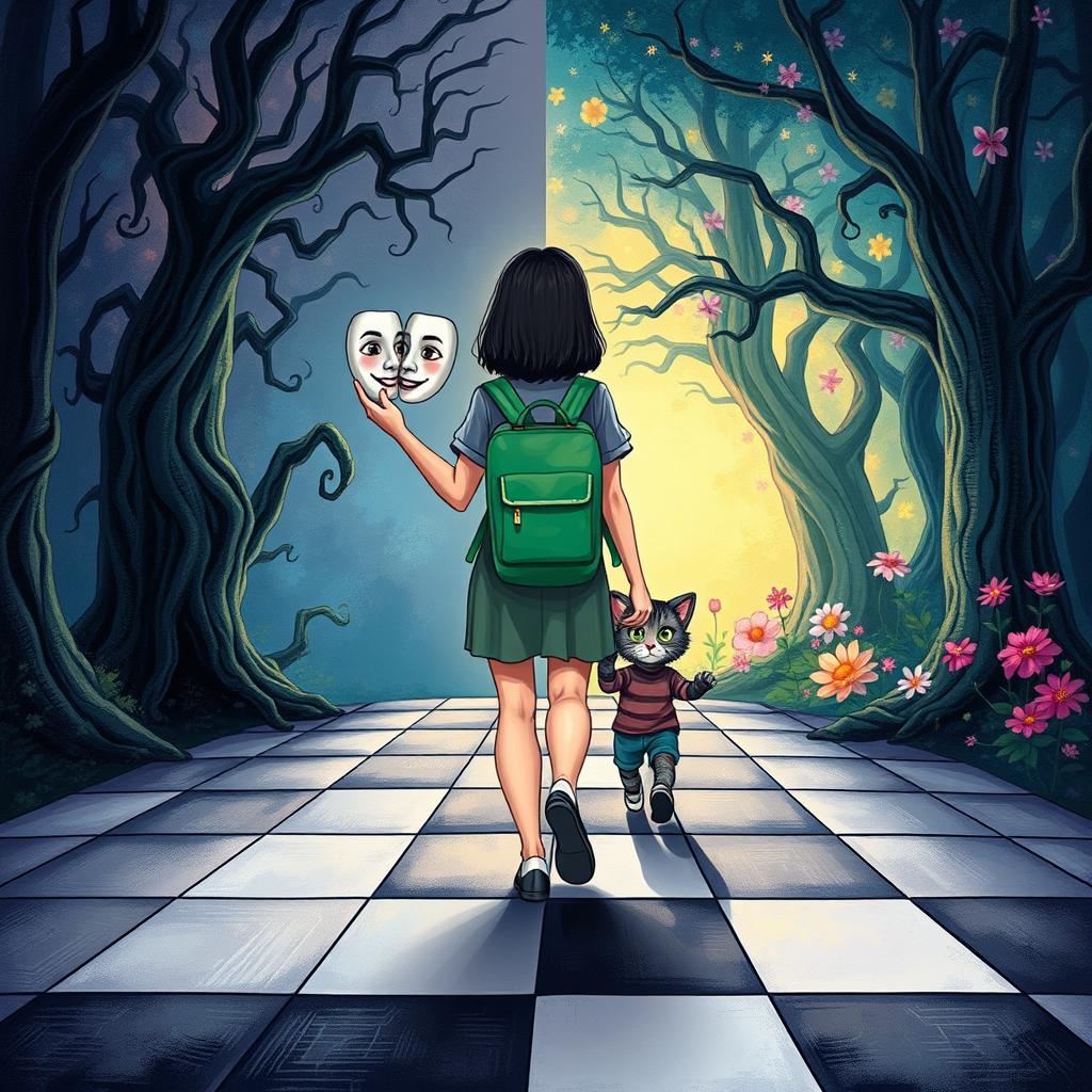 An illustrated book cover in a fantasy style featuring pastel tones, depicting an enchanted forest split into two distinct halves
