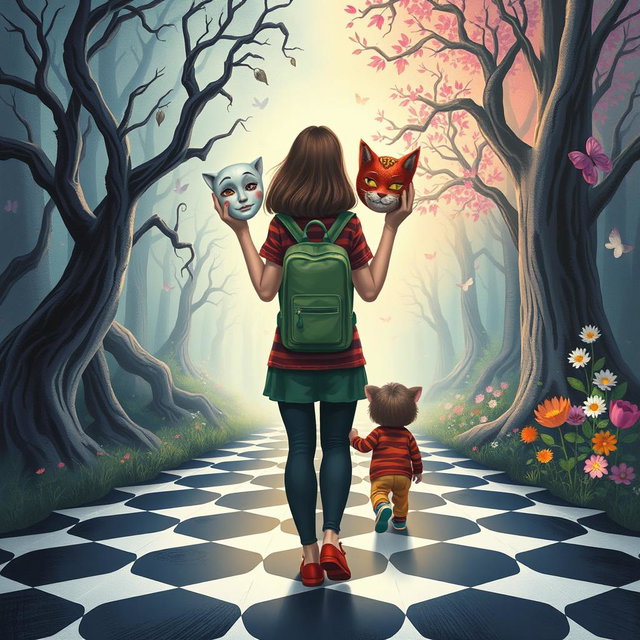 An illustrated book cover in a fantasy style featuring pastel tones, depicting an enchanted forest split into two distinct halves