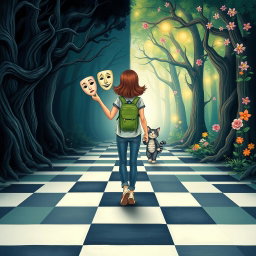 An illustrated book cover in a fantasy style featuring pastel tones, depicting an enchanted forest split into two distinct halves