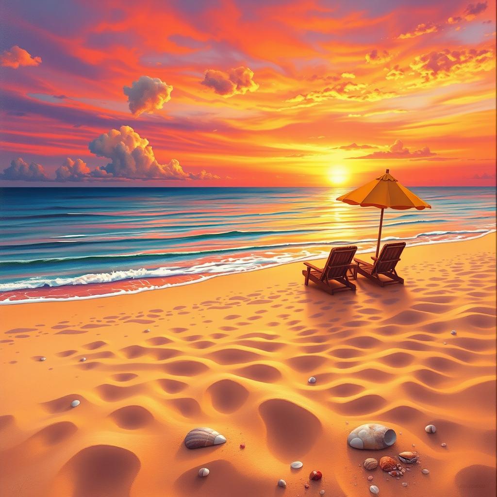 A beautifully crafted, realistic landscape painting of a serene beach at sunset, with vibrant hues of orange, pink, and purple in the sky