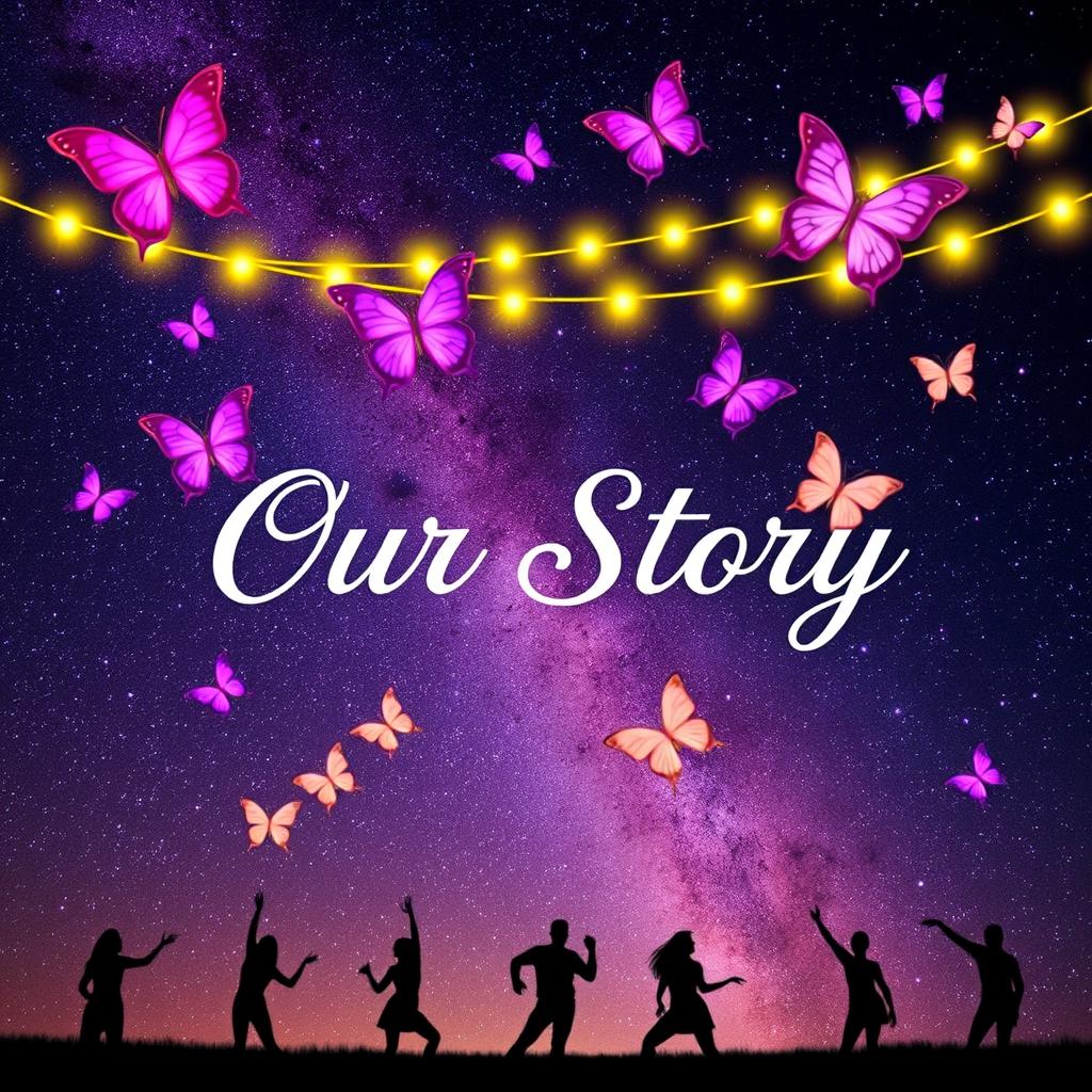 The words 'Our Story' in an elegant, flowing font in the center of the image, surrounded by three strings of glowing Christmas yellow lights that softly illuminate the words