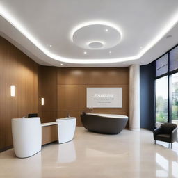 An impressive office reception area incorporating modern design aesthetics with sleek technology elements.