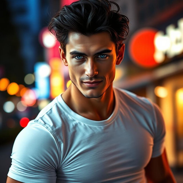 A handsome, sexy man with an athletic build, exuding confidence and charm