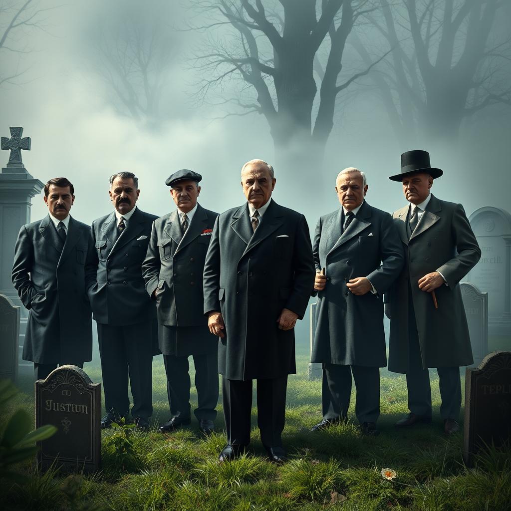 Dramatic Depiction of Historical Figures in a Cemetery