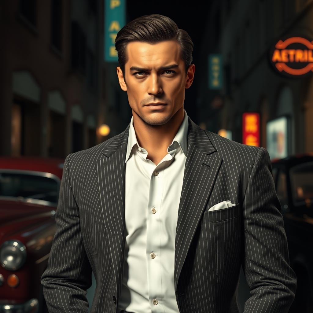 A handsome, classic mafia man with a chiseled jawline and slicked-back dark hair, wearing a perfectly tailored pinstripe suit over a crisp white shirt