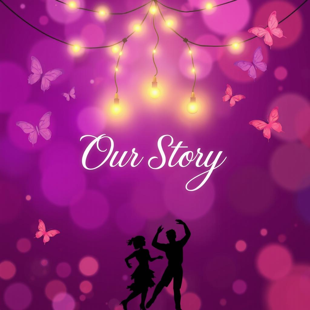 The words 'Our Story' in an elegant, flowing font at the center of the image, adorned with three strings of glowing Christmas yellow lights that gently illuminate the text
