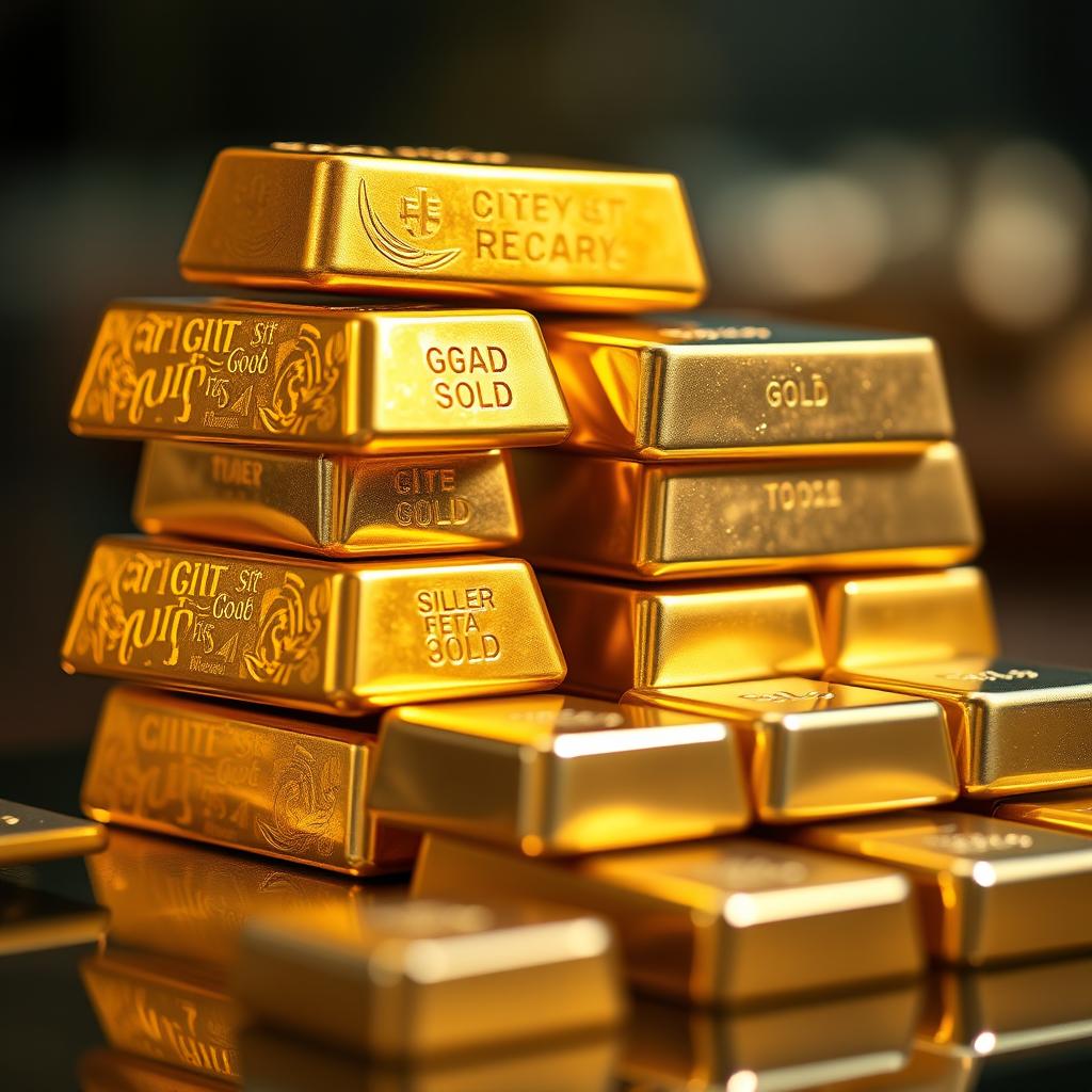 A beautifully arranged stack of shimmering gold and silver bars, glinting under soft, warm lighting