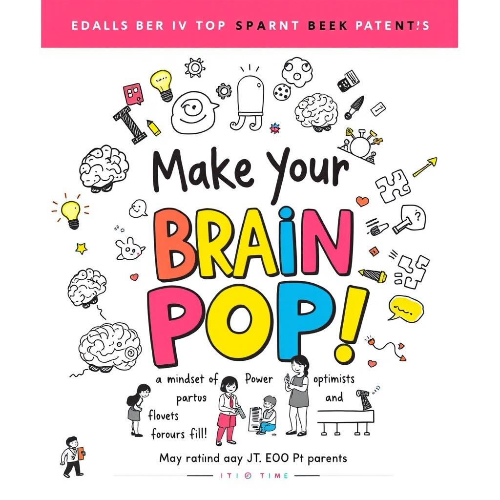 A colorful and engaging book cover for parents titled "Make Your Brain POP - Help Your Child Master a Mindset of Power, Optimism, and Perseverance