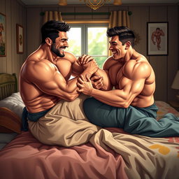 A scene depicting two muscular men in a bedroom where one is playfully pinning the other down on a bed, both are smiling and engaged in a friendly wrestling match