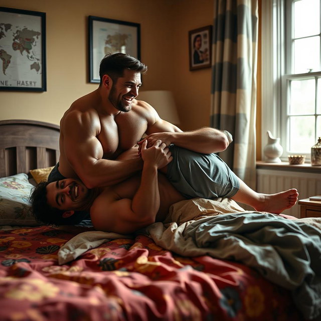 A scene depicting two muscular men in a bedroom where one is playfully pinning the other down on a bed, both are smiling and engaged in a friendly wrestling match