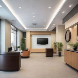 An impressive office reception area incorporating modern design aesthetics with sleek technology elements.