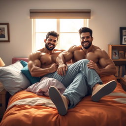 A vivid scene depicting two muscular men in a cozy bedroom, one man playfully pinning the other down on a comfortable bed with fluffy pillows and colorful bedding