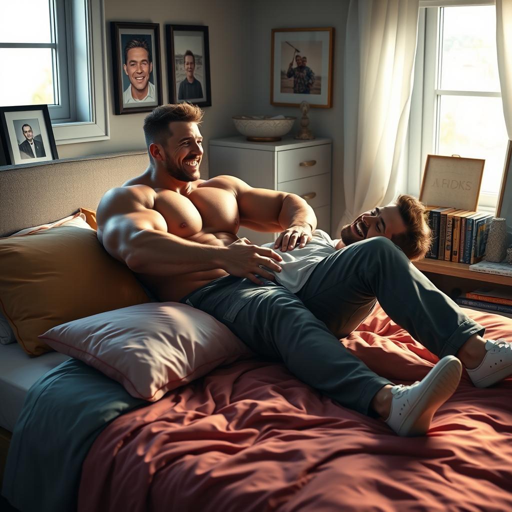 A vivid scene depicting two muscular men in a cozy bedroom, one man playfully pinning the other down on a comfortable bed with fluffy pillows and colorful bedding