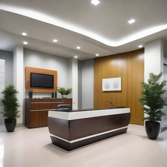 An impressive office reception area incorporating modern design aesthetics with sleek technology elements.